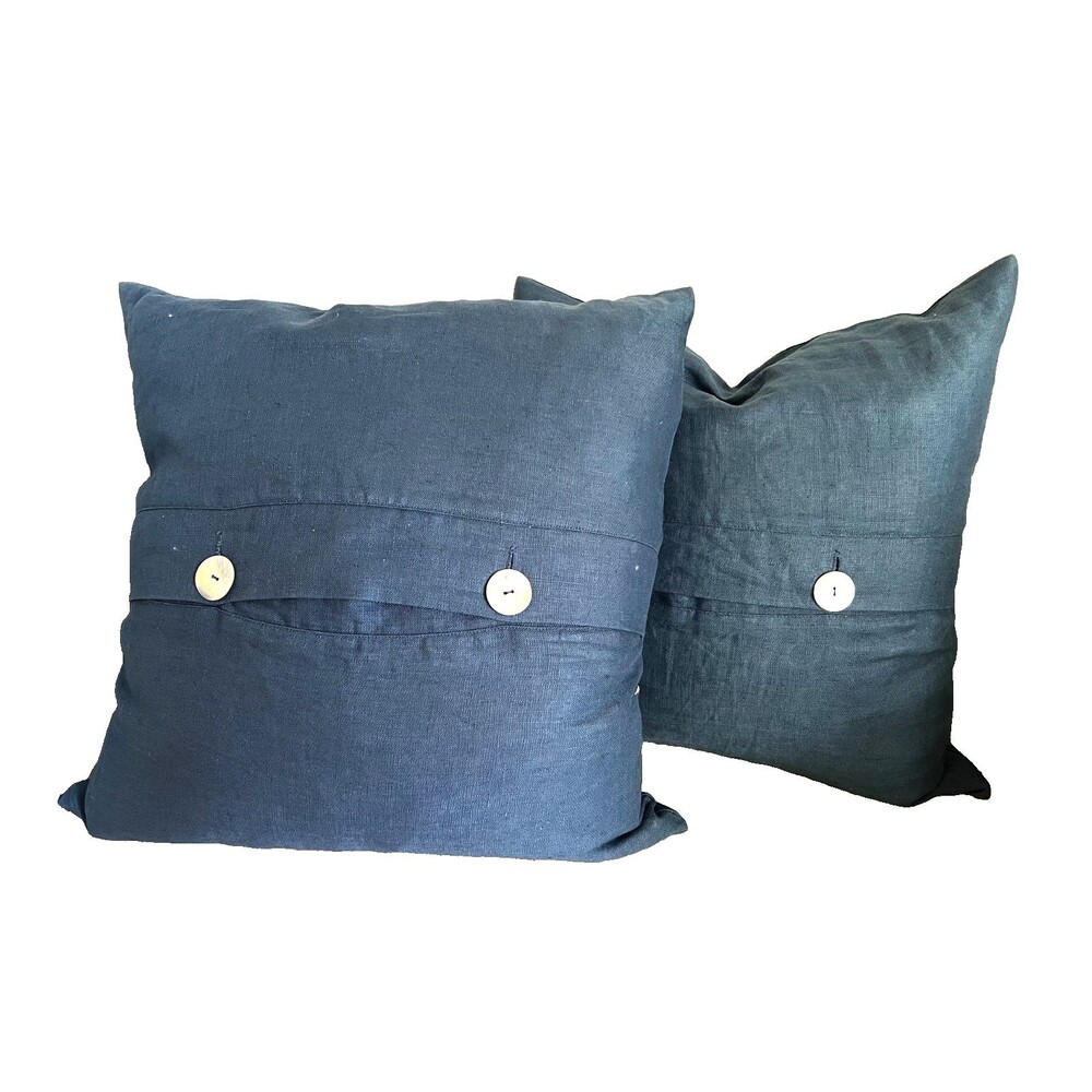 POTTERY BARN 2pc Blue Pillows 100% Linen w/Feather Insert 20" Pearl Buttons EUC - Picture 2 of 8